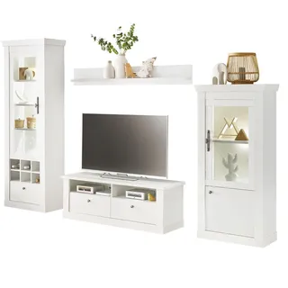 furn.design Wohnwand weiß Pinie Landhaus, Wohnkombination 4-teilig, mit Soft-Close - Weiß