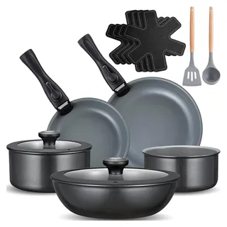 17-teiliges Induktions Töpfe Set, Keramik Pfannenset mit abnehmbarem Griff, Camping Kochtopf Set für alle Herdarten, stapelbares Design, ofenfest