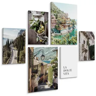 Muralo Leinwandbilder 6-er Set Architektur 3D , Blau, Grün, Schwarz, Weiß, Beige, Braun, Grau, Olivgrün , Textil , Stadtarchitektur, Baum/Pflanze/Natur, Sprichwort/Zitat , Rechteckig , 90x80 cm , Bilder & Rahmen, Bilder