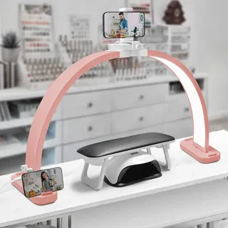 CGBE Desktop Halbmondlampe für Nägel mit Handyhalter: 30 Zoll - 45 W - 3000-6500K Dimmbar Mit 3 Farbmodi - Faltbare Tischlampe für Wimpernverlängerung Tattoo Maniküre - Rosa