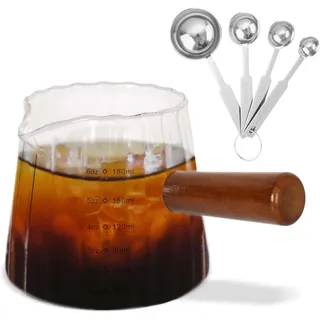 180ml Espresso Messbecher Glas mit Holzgriff, und 4 Stück kaffeelöffel portionierer,Transparent Doppel-Ausgießer Dreifachkrug Messgläser for Kaffee Milch, Borosilikatglas Measuring Cup mit Skala, Mini