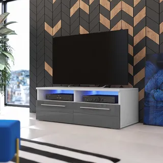 Selsey TV-Sideboard PHIRIS - TV-Schrank in Weiß Matt / Grau Hochglanz mit LED-Beleuchtung, stehend 100 cm breit - Weiß, Grau