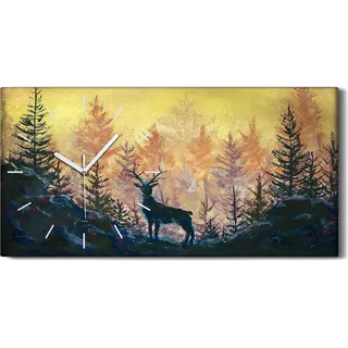 Dekor Leinwand Uhr Wandbilder 60x30 Malerei Wald Bäume Tiere Hirsche Kunst - weiße Hände - Gelb