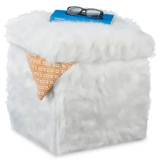 Relaxdays Sitzwürfel Fell, Faltbar, Gepolstert, Plüsch, Hocker mit Stauraum, 40 L, Sitzbox HxBxT: 39 x 38 x 38 cm, weiß