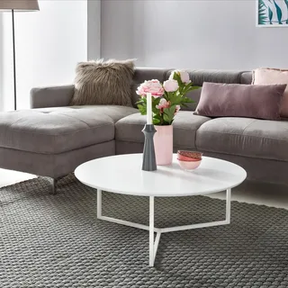 FineBuy Design Couchtisch 80 cm Rund Weiß Matt lackiert Moderner Wohnzimmertisch MDF Holz Lounge Sofa Tisch Metall Gestell - Weiß
