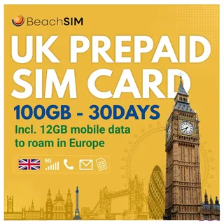 BeachSIM UK SIM Karte 30 Tage. 100 GB Datenvolumen mit 4G/5G-Netzen. Unbegrenzte Ortsgespräche und SMS. Inklusive 12 GB Datenvolumen für Roaming in der EU. Funktioniert mit iOS und Android.