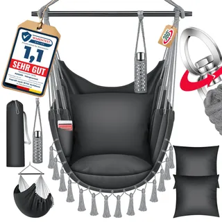 KESSER® Hängesessel Safari XXL Hängestuhl für Erwachsene & Kinder Hängematte bis 150 kg Hängesitz Aufhängung Indoor-Outdoor-Wohnen Inkl. Tragetasche, 2 Kissen, Getränkehalter & Bücherfach, Anthrazit
