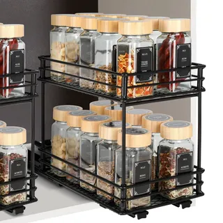 vinato Ausziehbares Gewürzregal mit 2 Ebenen – Küchenorganizer mit Rollenschienen, Gewürzständer für Schrank, Spice Rack ohne Bohren (26x15x21,8 cm)