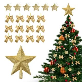 19 Stück Weihnachtsbaumspitze Stern Gold, Schleifen Weihnachtsbaum Deko, Christbaumspitze, Glitzer Weihnachtsschleifen, Klein Stern Bruchsicher, Gold Weihnachtsbaumschmuck