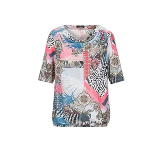Print-Shirt GOLDNER "Kurzgröße Elegantes Oberteil mit Wasserfallausschnitt", Damen, Gr. 25, rot (koralle, gemustert), Obermaterial: 95% Polyester PES. 5% Elasthan EL., gerade, Gerade, Shirts Print-Shirt, Gummibund