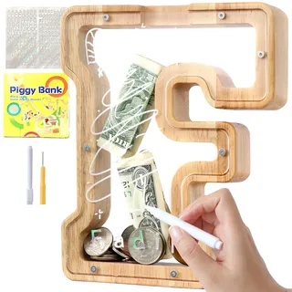 Lakpopya Spardose Kinder Buchstaben aus Holz für A-Z Personalisiert Sparschwein Durchsichtig Alphabet Sparbox, Geschenk Dekoration Taufe für Jungen Mädchen (F)