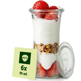 Weck Gläser 95ml – 6er Set mit Deckeln – Delikatessenform – robuste Dessertgläser, Einkoch- & Einmachgläser – klein – Weckglas ideal für Nachtisch – Made in Germany