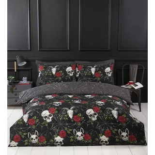 Rapport Home Black Duvet Cover Set with Skulls & Roses, Halloween Themed Microfiber Double Bedding Set