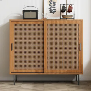 Küchenschrank/Kommode mit 2 Schiebetüren, Landhausstil, 100×90×37 cm - Braun