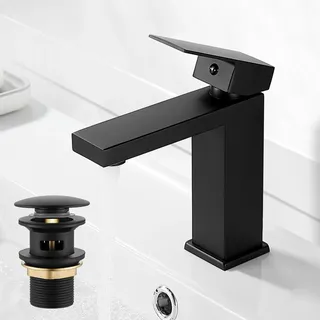 Wasserhahn Bad Schwarz, Waschtischarmatur mit Pop Up Ablaufgarnitur, Mischbatterie Einhebelmischer Waschbecken Armaturen, Eckige Waschtischarmaturen mit Ablauf, Edstahl