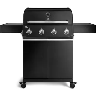 BURNHARD® Big FRED Base Gasgrill 4-Brenner, Edelstahlrost, Schwarz-Matt | Abklappbare Seitentische, Aludruckguss-Edelstahl-Brennkammer, 15 kW Leistung