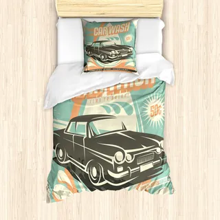 ABAKUHAUS Autos Mantele, Retro Car Wash-Plakat, Milbensicher Allergiker geeignet mit Kissenbezügen, 135 cm x 200 cm - 80 x 80 cm, Blasses Orange Türkis - Orange