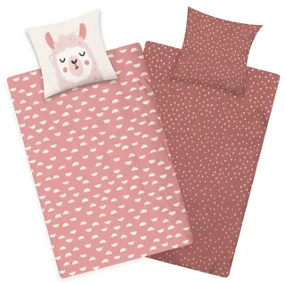 Aminata kids Bettwäsche Lama-Alpaka-Motiv Mädchen 135 x 200 Baumwolle Jugendliche - Teenager - mit Reißverschluss Tier-Motiv Kinder-Wende-Bettwäsche-Set - Geschenk-Idee - Lamas, Tiere, rosa