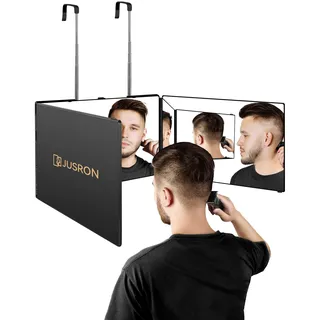 JUSRON 360 Grad Spiegel zum Aufhängen - Klappspiegel 3 Teilig Spiegel Haare Selbst Schneiden, Höhenverstellbarer Kosmetikspiegel Rasierspiegel Friseurspiegel für Makeup Rasieren Frisieren-Ohne LED