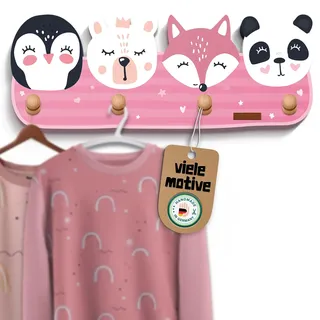 nordroom® Kindergarderobe mit 4 Haken - Wandgarderobe mit Tiermotiven für Kinderzimmer Garderobenhaken aus Holz - Kinder Wandhaken „smylå“, Kindermöbel Kleiderhaken aus Buche - Maße ca. 39 x 15 x 5cm