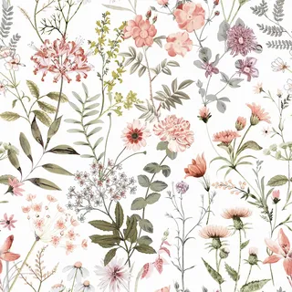 VEELIKE Tapete Blumen Rosa Blumentapete 44.5 cm × 900 cm Tapete Blätter Weiß Fototapete Blumen Mustertapete Tapeten Wohnzimmer Muster Tapete Floral Wand Dekoration Schlafzimmer Badezimmer Möbel