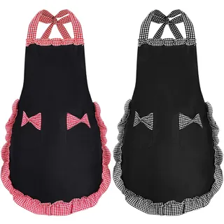 2 Stück Damen Süß Schürze, Wasserdicht Schwarz Kochschürze für Frauen Oma | Verstellbare Lätzchen Vintage mit 2 Taschen, Schürzen zum Kochen Backen Garten, Backschürze Geschenk für Mama Frau Freundin