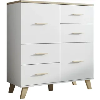 Furniture24 Kommode Lotta, 2 Türiger Wohnzimmerschrank, Schrank, Skandinavisch, Briliant Weiß, Hochschrank, Anrichte, Highboard mit 4 Schubkästen - Weiß