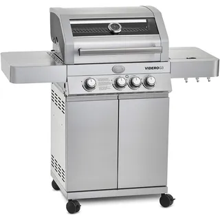 RÖSLE Gasgrill BBQ-Station VIDERO G3 Edelstahl, Grill mit 3 Haupt- und 1 Seitenbrenner, Deckel mit Glaseinsatz & Thermometer, beleuchtete Drehknöpfe, Edelstahl 18/0