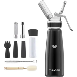 YUNYDSM Sahnespender 500ml Aluminium – mit 6 Düsen & 2 Bürsten | 500ml Sahnespender aus Aluminium–Profi-Siphon mit 3 Edelstahl-&3 Kunststoffdüsen,2 Reinigungsbürsten