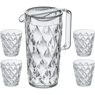 Koziol Superglas Crystal Pitcher Set, 1,5 l + 4 Becher (250 ml), Karaffe mit Deckel aus kristallklarem Kunststoff, luxuriös, unzerbrechlich, stapelbar, spülmaschinenfest, Gartenparty, Camping, 1 Set