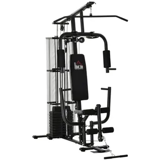 Homcom Gym Kraftstation mit Stahlnetz Fitnessstation Multigym Fitnesscenter Fitnessgerät inkl. 45 kg Gewichten Latzug Beincurl Metall Kunstleder - Schwarz