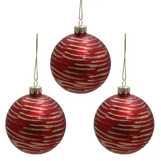 Set Mit 3 Luxus 80mm Glas Weihnachtsbaum Kugeln - Rot mit Gold Glitzer