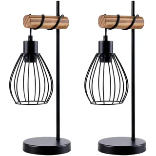 ZMH 2er Tischlampe Wohnzimmer Vintage Tischleuchte Holz Nachttischlampe E27 | Schwarz Nachttischleuchte im Industrial Design aus Metall Ambientebeleuchtung für Schlafzimmer Hotel - ohne Leuchtmittel
