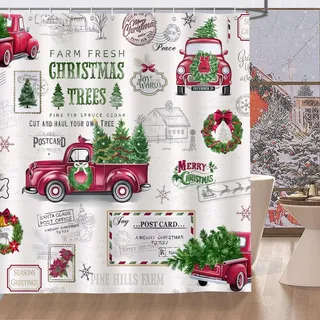 Bonhause Duschvorhang Weihnachten Truck Weihnachtsbaum Xmas LKW Winter Duschvorhänge 180 x 180 cm Anti-Schimmel Wasserdicht Polyester Stoff Waschbar Bad Vorhäng für Badzimmer mit 12 Haken