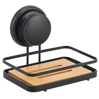 MSV Seifenschale mit Mega Saugnapf, Stahl & Bambus, Mattschwarz, schwarz, one Size