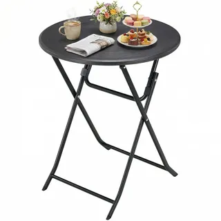 Clevich Gartentisch Klappbar, Beistelltisch Rund Holz-Optik, HxD: 72x60 cm, Balkontisch mit Stahlrahmen Beine, Hochstabiler Campingtisch, Wetterfest, Pflegeleicht, für Balkon, Garten & Terrasse