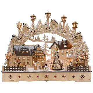 Dekohelden24 ***LED Holz Schwibbogen mit bewegtem Weihnachtsbaum, Motiv: Weihnachtsmann und Schneekinder, L/B/H ca. 45 x 12 x 35 cm, für Batterie- oder Adapterbetrieb.