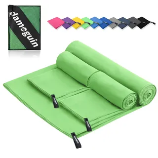 damoguin 3er-Set Mikrofaser Handtuch, Groß (180 * 80cm) & 2 Stück Klein (80 * 40cm) Schnelltrocknende Microfaser Fitness Handtücher, als Sporthandtuch, Strandtuch, Badetuch und Reisehandtuch (Grün)