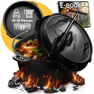 IRON TASTE Dutch Oven Set 12L - Eingebrannter Dutch Oven 12 Liter - Feuertopf Gusseiserner Topf mit Füßen & mit praktischem Deckelheber [für 10-16 Personen]