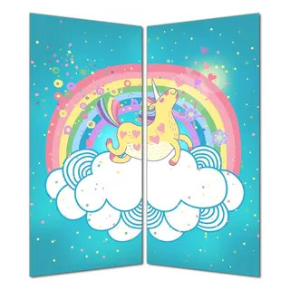 Wallario selbstklebende Duschrückwand 160 x 180 cm mit Motiv Lustiges Einhorn auf einer Wolke vor Regenbogen - Wandverkleidung mit Hochglanzlaminat in Glasoptik