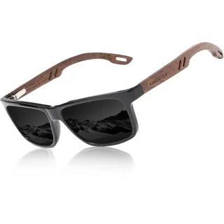 KINGSEVEN Design Holz Polarisierte Rechteckige Sonnenbrille für Herren, Walnuss-Holzrahmen Verspiegelte Brille zum Fahren W5508 (Schwarz)