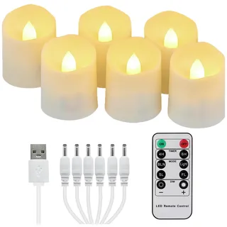 FREEPOWER 6er Aufladbare LED Teelichter mit Timer Fernbedienung Flackern Warmweiß Dimmbar Elektrische Wiederaufladbare Kerzen mit USB-Kabel, Weihnachten Halloween Party Familie Deko, Ø4 x 4.5cm