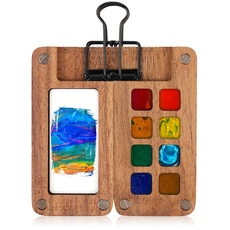 Tragbare Palette, 8 Raster Tragbare Palette Aquarelltasche Holz- Mini Reise Farbtablett-Box für Aquarell Gouache, mit Clip (Pigment nicht im Lieferumfang enthalten)