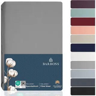 BARBONS Spannbettlaken 180x200cm - 100% Baumwolle Spannbetttuch Oeko-TEX Zertifiziert Bettlaken Jersey Bettwaren und Bettbezug für Boxspringbett und Dicke Matratzen bis 27 cm - Hellgrau 180 x 200