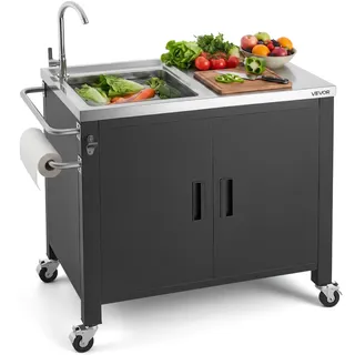 VEVOR Outdoor-Grillwagen mit Stauschrank & Spülbecken, 97 cm Grilltisch mit Edelstahlplatte, Gewürzablage & Handtuchhalter, Küchenwagen & Servierwagen für Terrasse, Garten, Bar & BBQ-Bereich