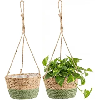 Ruikcoll 2 Set Hängender Blumentopf aus Seegras, handgewebter Pflanzenkorb mit Aufhängeseil, 20 cm Pflanzgefäß für Sukkulenten,Kräuter,für Innen- & Außenbereich