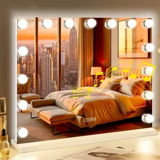 FENCHILIN Hollywood Spiegel Bluetooth Schminkspiegel mit Beleuchtung RGB Schminkspiegel mit 15 LED Licht HD Gehärtetes Glas Spiegel 3 Farben 10x Vergrößerung 58 x 46 cm