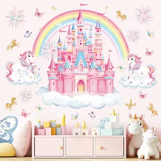 decalmile Wandsticker Regenbogen Schloss Wandtattoo Einhorn Regenbogen Schmetterlings Wandaufkleber Babyzimmer Kinderzimmer Mädchen Schlafzimmer Wanddeko