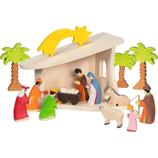 HOLZTIGER 80617 - Stall Krippe aus Holz, handgearbeitetes Holzspielzeug aus Ahorn, inkl. Weihnachtsstern, Farben auf Wasserbasis, fördert Fantasie & Kreativität, MADE IN EUROPE, 40x25x29cm, ab 3 Jahre