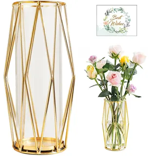 SAMISO Gold Vasen Deko für Pampasgras,Hochbodenvase mit Metallgestell,22 cm Geometrische Deko Vase Große Zylindervasen,für Wohnzimmer Hochzeit Tisch Badezimmer Esstisch Herzstück Für Die Hochzeit